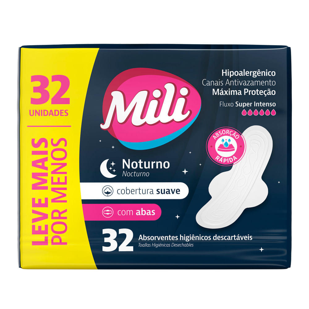 Absorvente Mili Noturno Suave Com Abas 32 Unidades