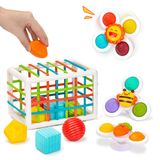 Baby Sensory Bin, Baby Shape Sorter Toys Set, Com 3 Brinquedos De Chocalho De Sucção Whirly Dimple E 6 Blocos Coloridos, Brinquedos De Bebê