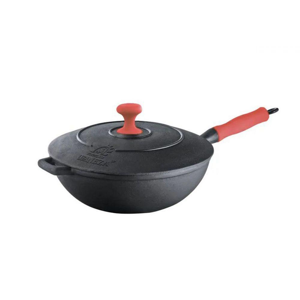 Panela Wok em Ferro Fundido com Cabo Silicone Vermelha 28 cm