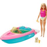 Boneca Barbie E Playset De Barco Com Filhote De Estimação, Colete Salva-vidas E Acessórios, Encaixa 3 Bonecas &amp;amp Carros Alegóricos Na Águ