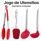 Jogo De Talheres Silicone - Cozinhar E Servir Com Cabo De Inox - Espátula Concha Espumadeira Pegador Alimentos - Panami