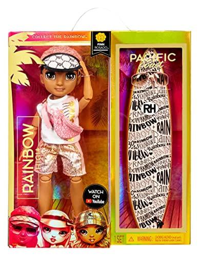 Rainbow High Pacific Coast Finn Rosado - Boneca Fashion Boy Gold Com Acessórios De Piscina, Conjunto De Brinquedos E Prancha De Surfe. Ótimo