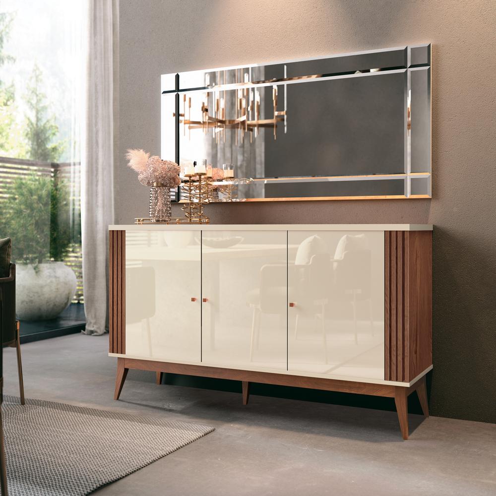 Buffet Aparador Ripado Com 3 Portas Pés Em Madeira Maciça Royce 140cm Cor:offwhite/naturale