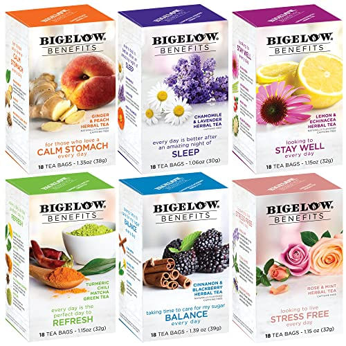 Bigelow Benefits Wellness Teas Variety Pack, Matcha Verde Misto Com Cafeína E Chá De Ervas Sem Cafeína, 18 Contagem (pacote De 6), 108 Sacos