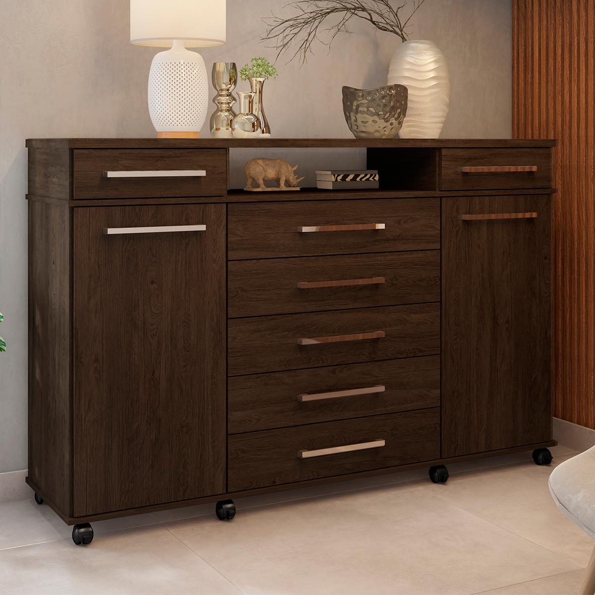 Cômoda 7 Gavetas 2 Portas 1 Cabideiro 1 Nicho Com Rodizios London - Ébano Touch