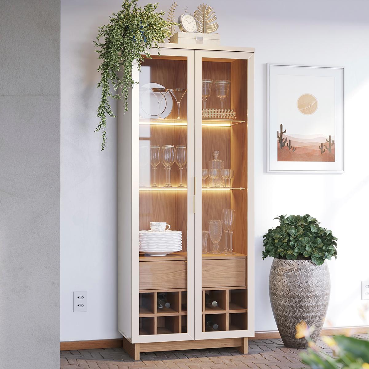 Cristaleira 2 Portas Guanabara - Off White / Freijó