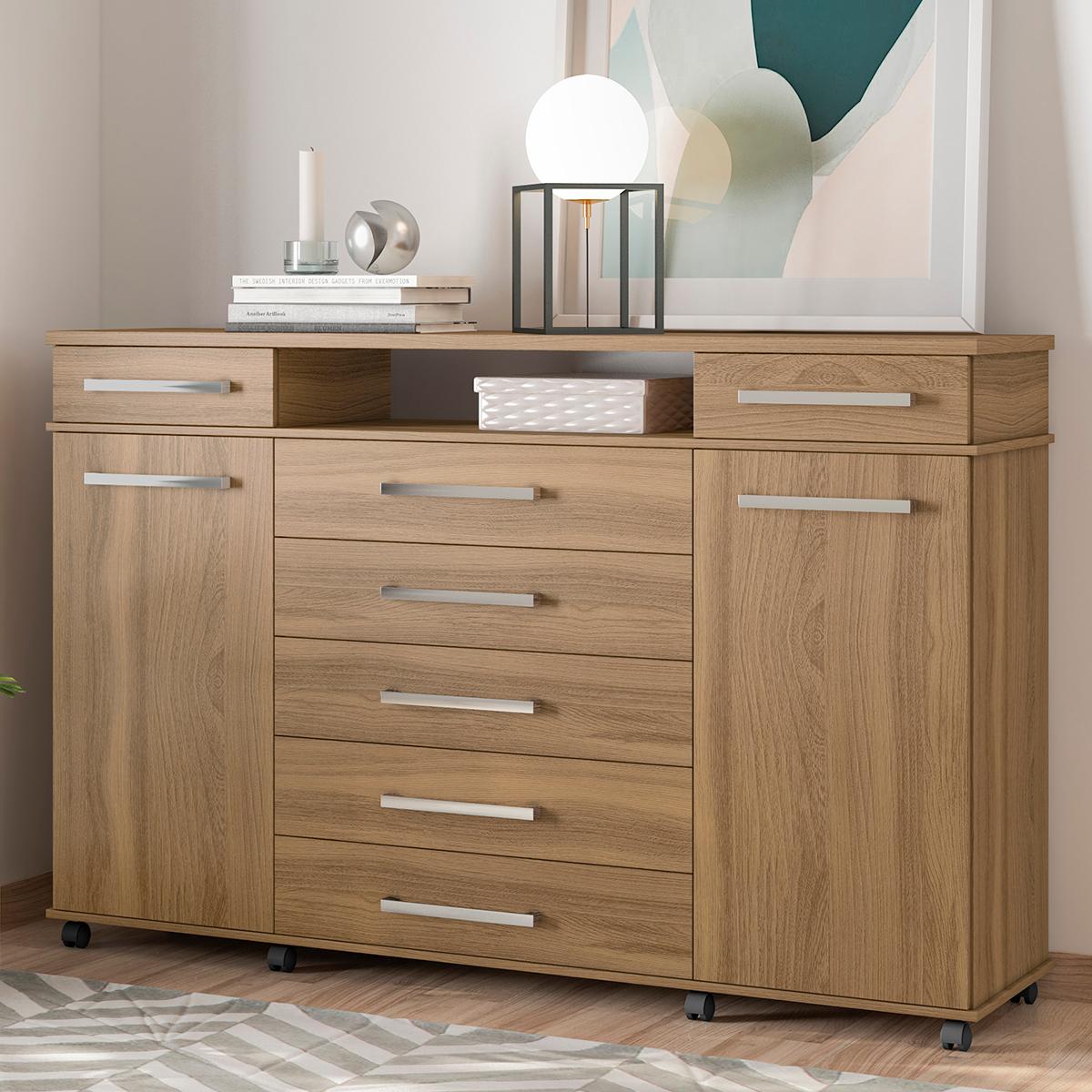 Cômoda 7 Gavetas 2 Portas 1 Cabideiro 1 Nicho Com Rodizios London - Amêndola Touch