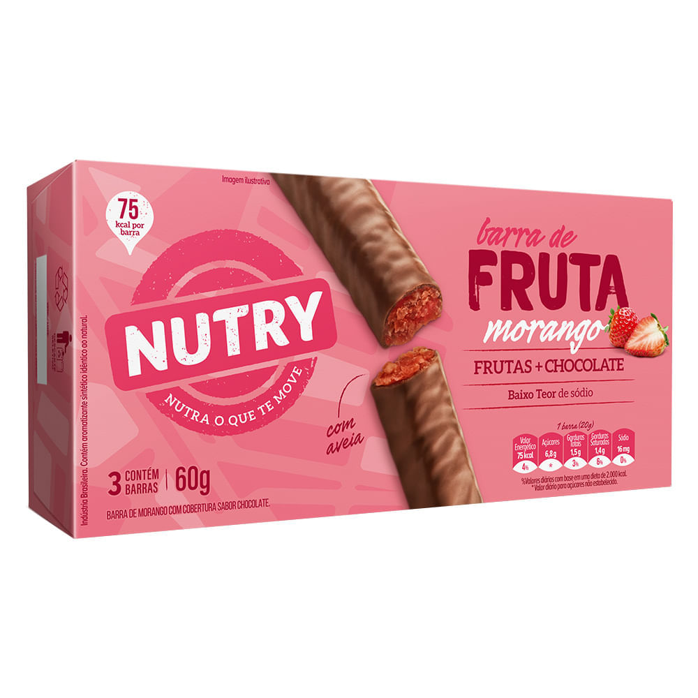 Barra De Fruta Nutry Morango Com Chocolate Caixa Com 3 Unidades De 20g Cada