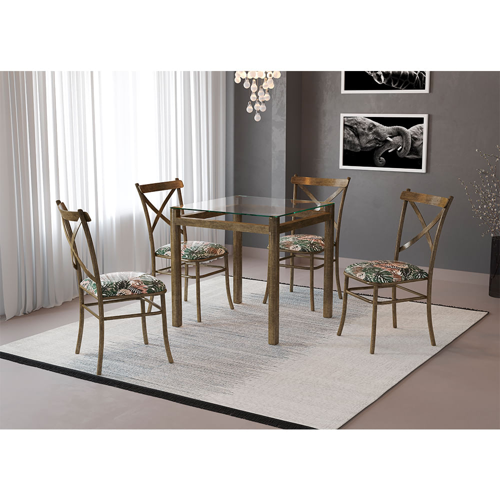 Conjunto De Mesa Cairo Em Aço 80x80cm Vidro Incolor E 4 Cadeiras Floral Costela De Adão Verde