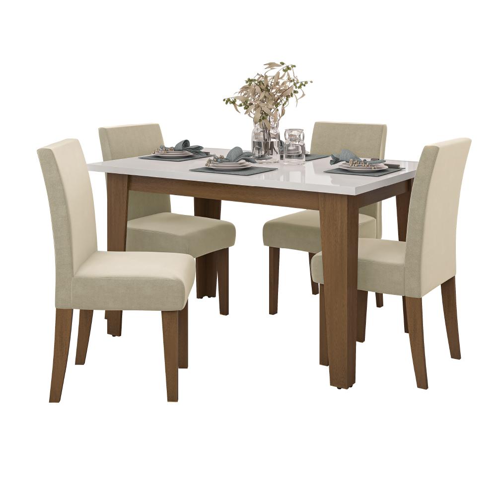 Conjunto De Mesa Sala De Jantar Miami Com 4 Cadeiras Trieste Suede 1,20m Cedro / Off White / Areia Dobuê