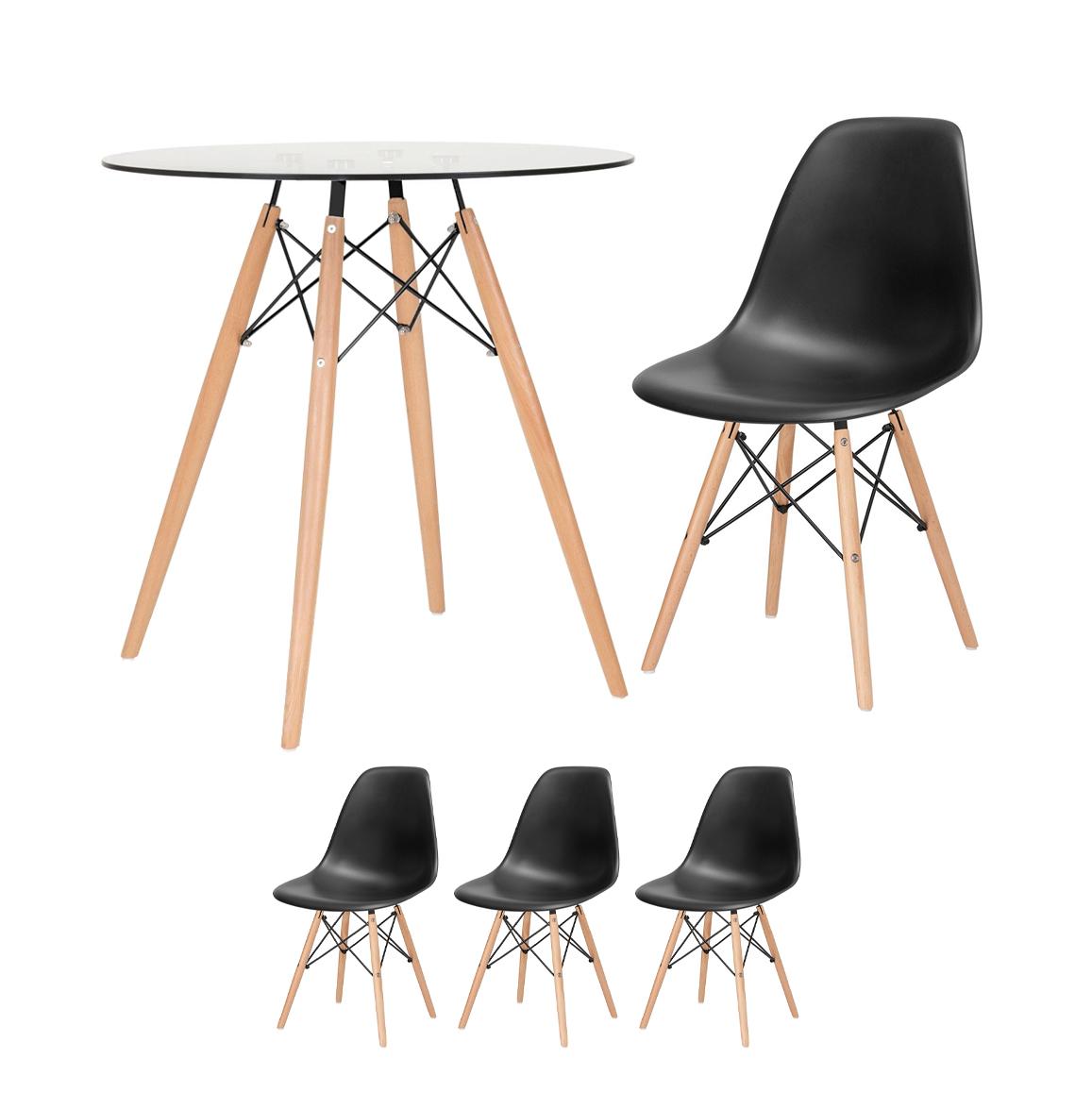 KIT - Mesa de vidro Eames 70 cm + 3 cadeiras Eiffel DSW preto