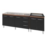 Armário Cozinha Gabinete Pia De 140 Cm Carina Com Balcão Cooktop 4 Bocas Savana Frente Preta Jade