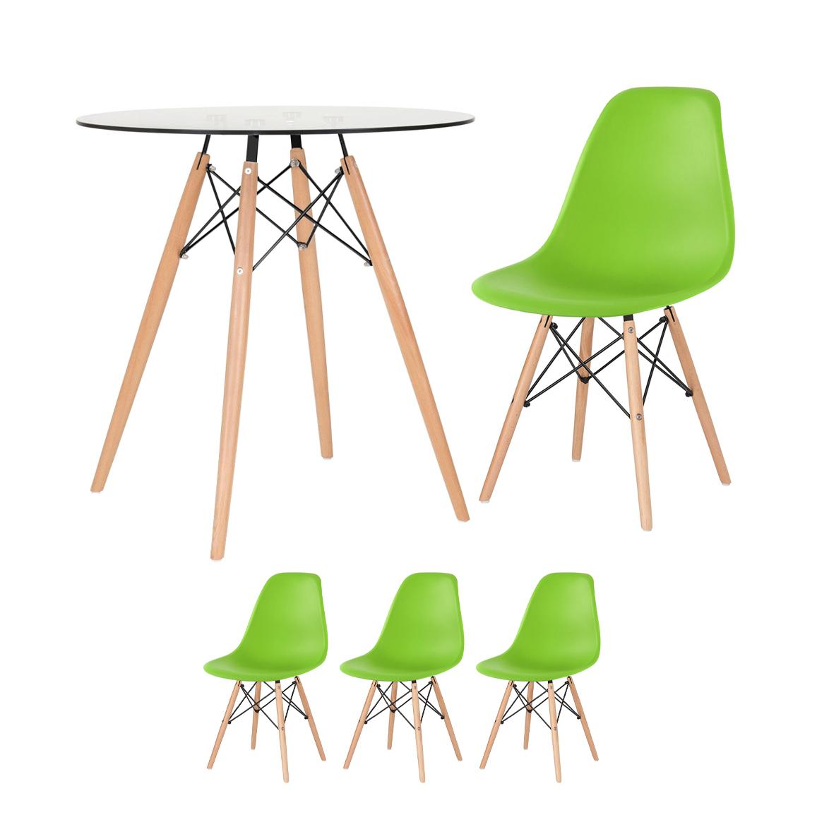 KIT - Mesa de vidro Eames 70 cm + 3 cadeiras Eiffel DSW verde claro