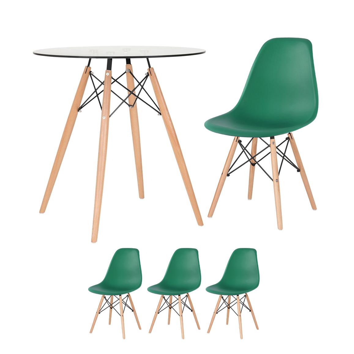 KIT - Mesa de vidro Eames 70 cm + 3 cadeiras Eiffel DSW verde escuro