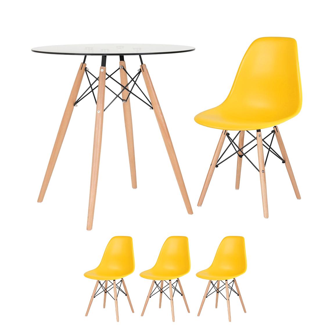 KIT - Mesa de vidro Eames 70 cm + 3 cadeiras Eiffel DSW amarelo