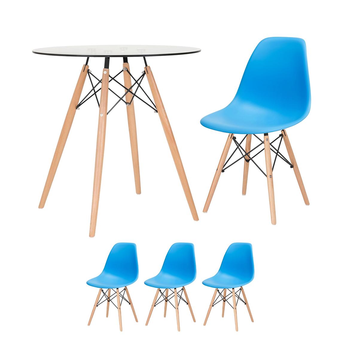 KIT - Mesa de vidro Eames 70 cm + 3 cadeiras Eiffel DSW azul céu