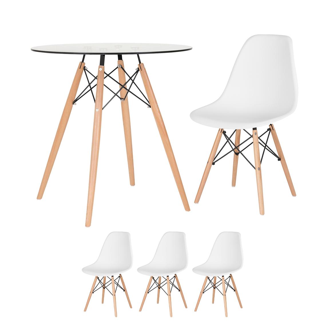 KIT - Mesa de vidro Eames 70 cm + 3 cadeiras Eiffel DSW branco