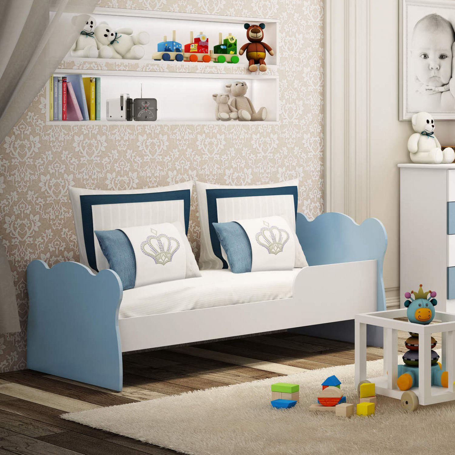 Mini Cama Infantil com Proteção Lateral 1590 Baby Móveis Percasa Branco/Azul