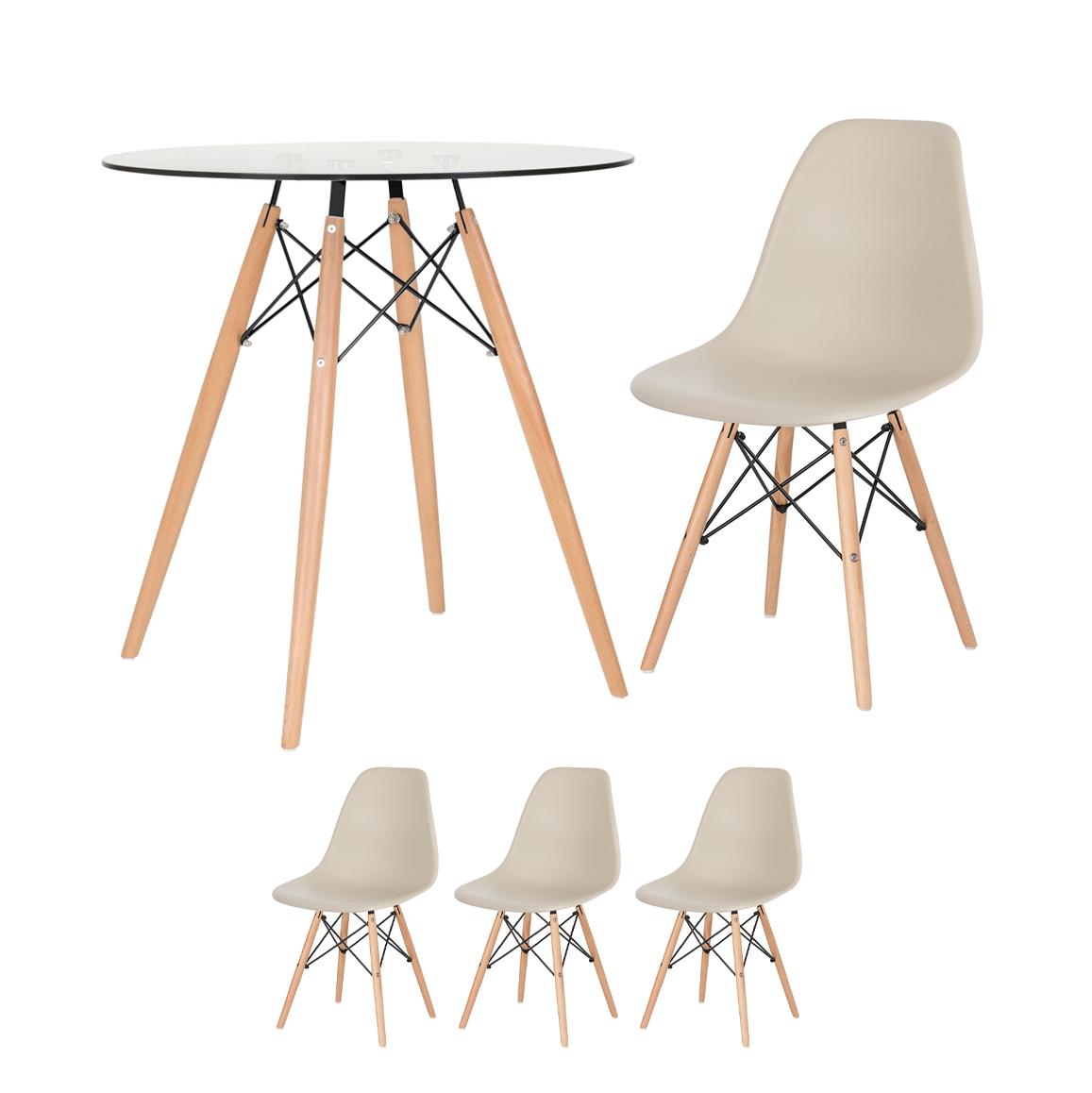 KIT - Mesa de vidro Eames 70 cm + 3 cadeiras Eiffel DSW nude