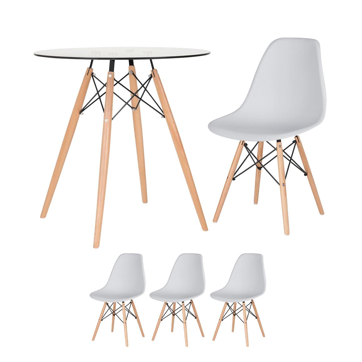 KIT - Mesa de vidro Eames 70 cm + 3 cadeiras Eiffel DSW cinza claro