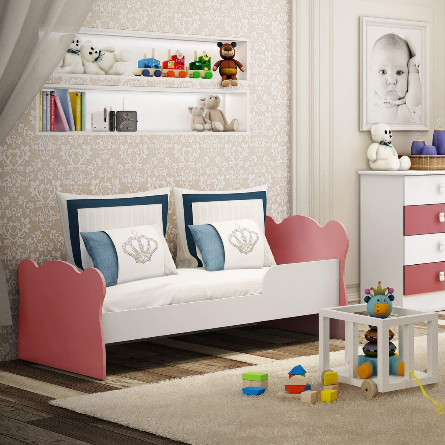 Mini Cama Infantil com Proteção Lateral 1590 Baby Móveis Percasa Branco/Rosa