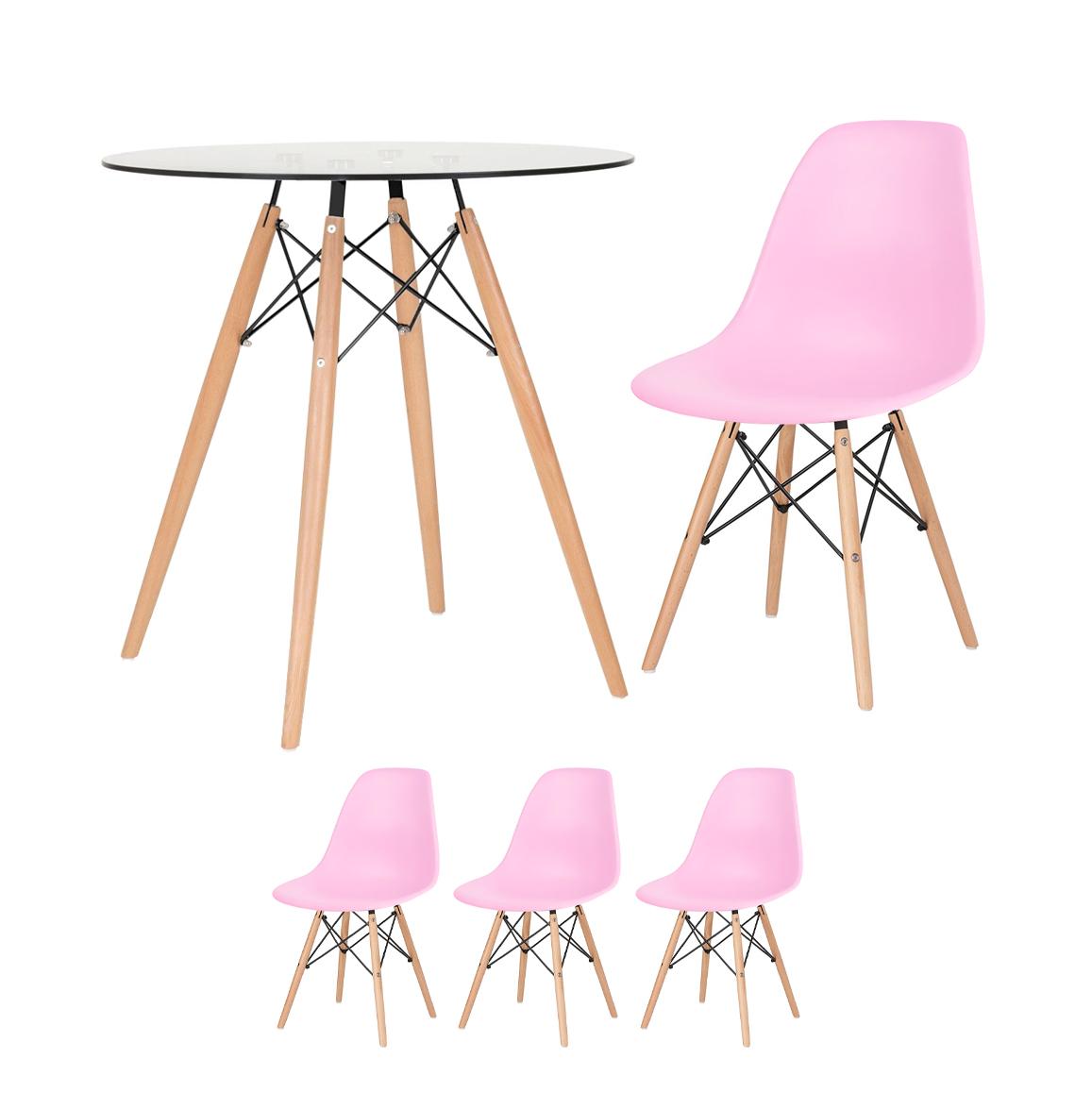 KIT - Mesa de vidro Eames 70 cm + 3 cadeiras Eiffel DSW rosa claro