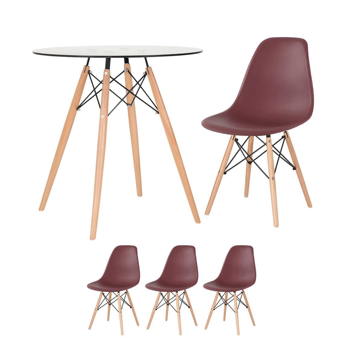 KIT - Mesa de vidro Eames 70 cm + 3 cadeiras Eiffel DSW marrom