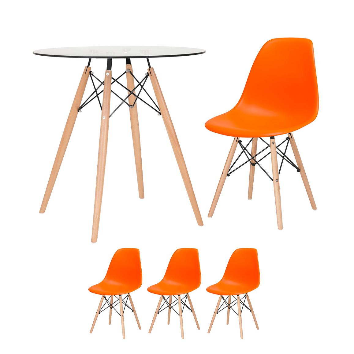 KIT - Mesa de vidro Eames 70 cm + 3 cadeiras Eiffel DSW laranja