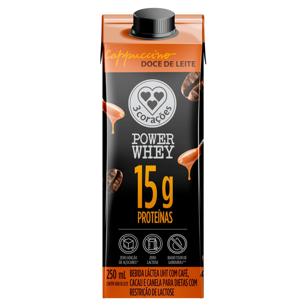 Bebida Lactea 3 Coracões Power Whey Com 15g De Proteína Cappuccino Doce De Leite 250ml