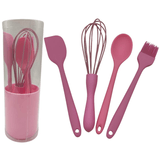 Conjunto Utensílios De Cozinha Em Silicone Fuê Colher Espátula Pincel Suporte Rosa