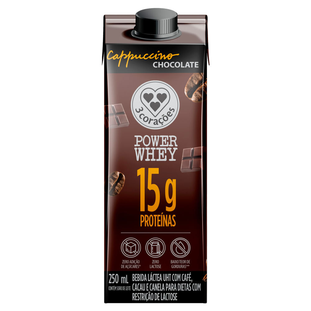 Bebida Lactea 3 Coracões Power Whey Com 15g De Proteína Cappuccino Chocolate 250ml