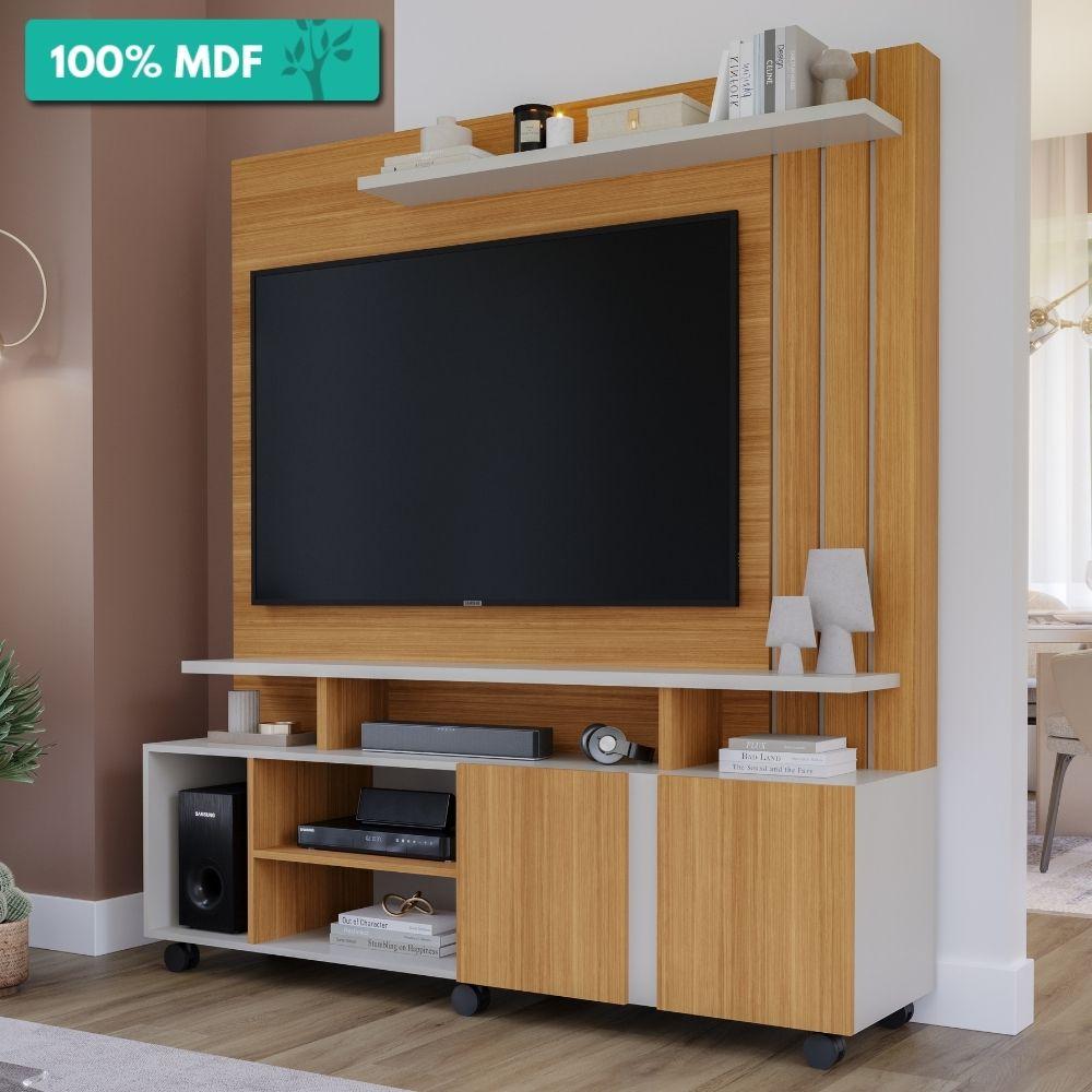 Estante Home Para Tv Até 55 Polegadas 100% Mdf 2 Portas 6 Nichos C/ Painel Valência Permobili Nature/off White