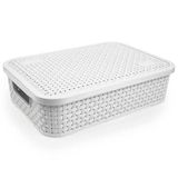 Caixa Organizadora Plástico Rattan 32cm Baixa Média Branca