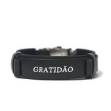 Pulseira Couro Masculina Gratidão All Black Regulável