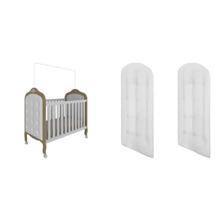 Berço Mini Cama 2 em 1 Elô com Kit Capitonê Móveis Peroba Branco Brilho/Carvalho