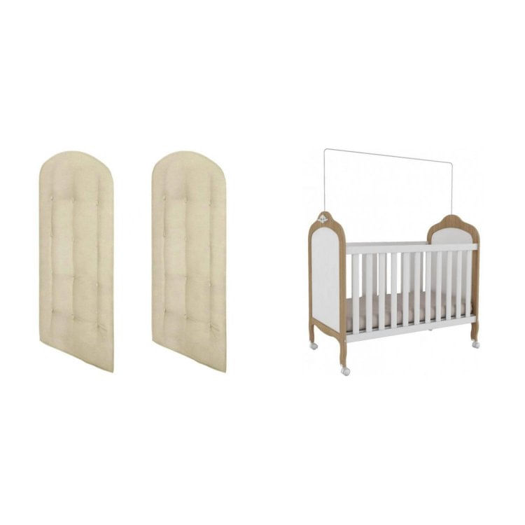 Berço Mini Cama 2 em 1 Elô com Kit Capitonê Móveis Peroba Carvalho/Branco