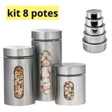 Kit 8x Potes Para Mantimentos De Aço Inox E Vidro Com Tampa