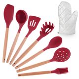 Kit Utensílios Silicone Cozinha Com Cabo De Madeira 8 Peças