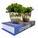 Kit Decoração Livro Londres + 2 Vasos De Vidro Dourado