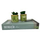 Conjunto Decoração Livro Verde + 2 Vasos Marmorizado