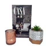 Kit Decoração Livro + Vaso De Cimento Artesanal + Castiçal