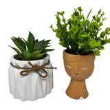 Conjunto Decoração Vaso Branco Trabalhado + Vaso Artesanal