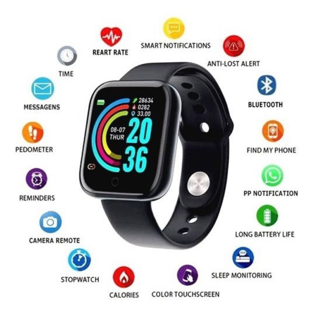 Smartwatch Y68, Relógio Inteligente, Esportivo, Troca Foto da Tela, Conexão  com Aplicativo Fit Pro - Preto