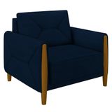 Poltrona Decorativa Sala De Estar 95cm Pés Madeira Quebec M22 Veludo Azul Marinho - Mpozenato