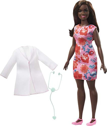 Barbie Doctor Doll (12-em/30.40-cm), Cabelo Moreno, Forma Curvilínea, Casaco Médico, Vestido De Impressão, Acessório Estetoscópio, Grande Pr