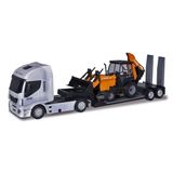 Brinquedo Caminhão Iveco Hi Way Plataforma Retroescavadeira Case Construction Cinza