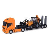 Brinquedo Caminhão Iveco Hi Way Plataforma Retroescavadeira Case Construction Laranja