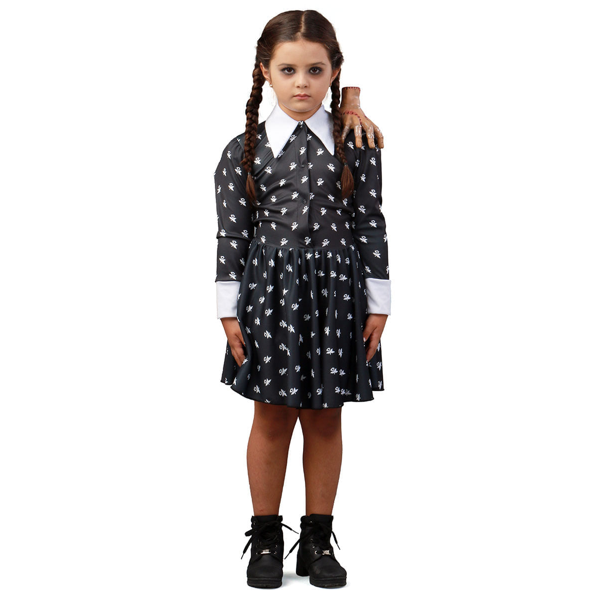 Fantasia Vandinha Vestido Estampado Infantil - Familia Addams - Halloween Gg