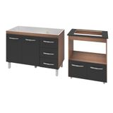 Armário Gabinete Pia De 120 Cm Bianca Com Balcão Cooktop 4 Bocas E Forno Elétrico Elisa Savana Frente Preta