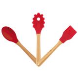 Jogo Utensílios De Silicone 3 Peças Cabo De Bamboo Colher Garfo Pincel